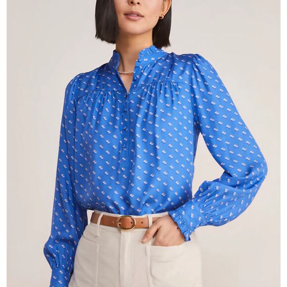 Vineyard Vines Blue Floral Ruffle Collar Silk Blend Popover Top Blouse Size XL - Picture 1 of 10